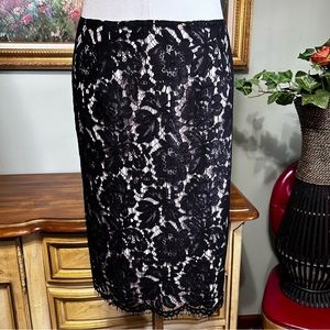 Vince Camuto Black Floral Lace Overlay Pink Lined Fringe Hem Skirt